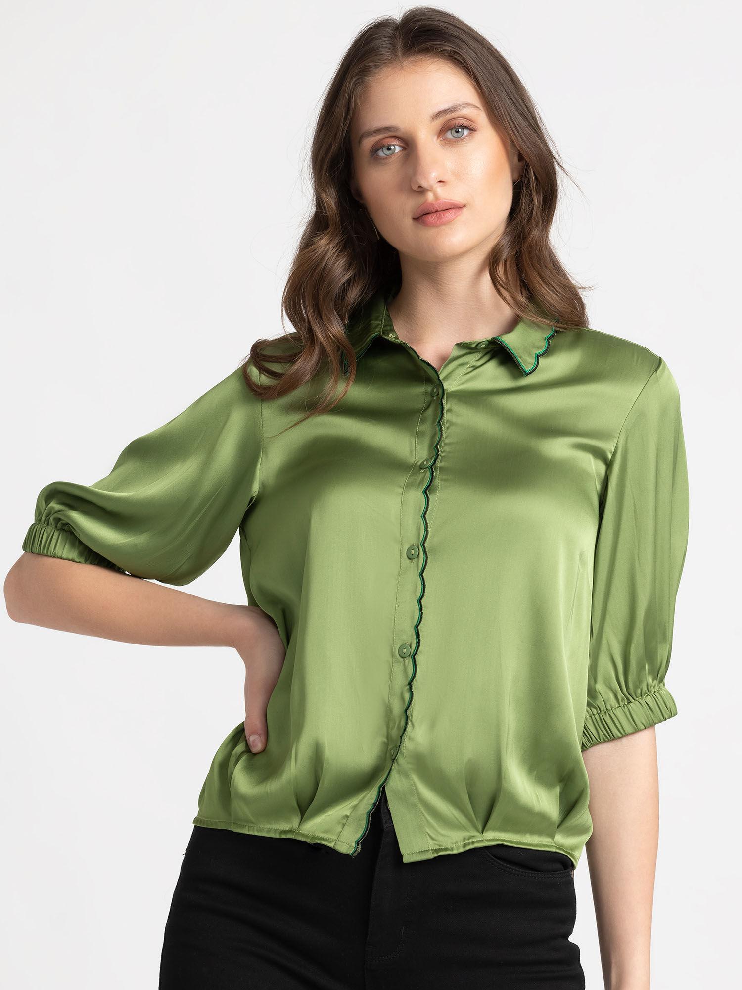 button-down collar olive solid short sleeves casual shirt for women