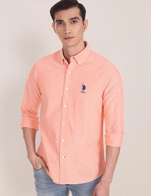 button down collar solid casual shirt