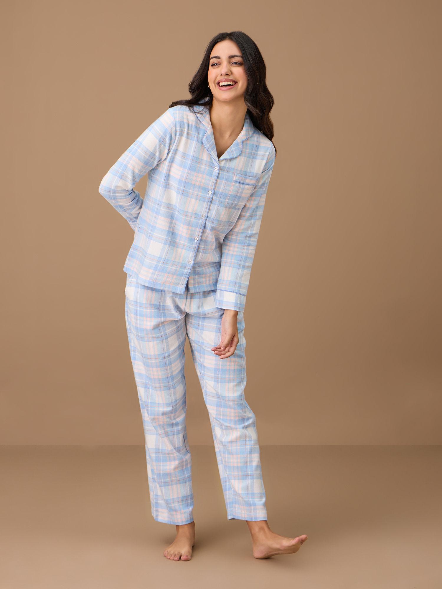 button down cotton flannel pajama set - nys902 - blue pink plaid