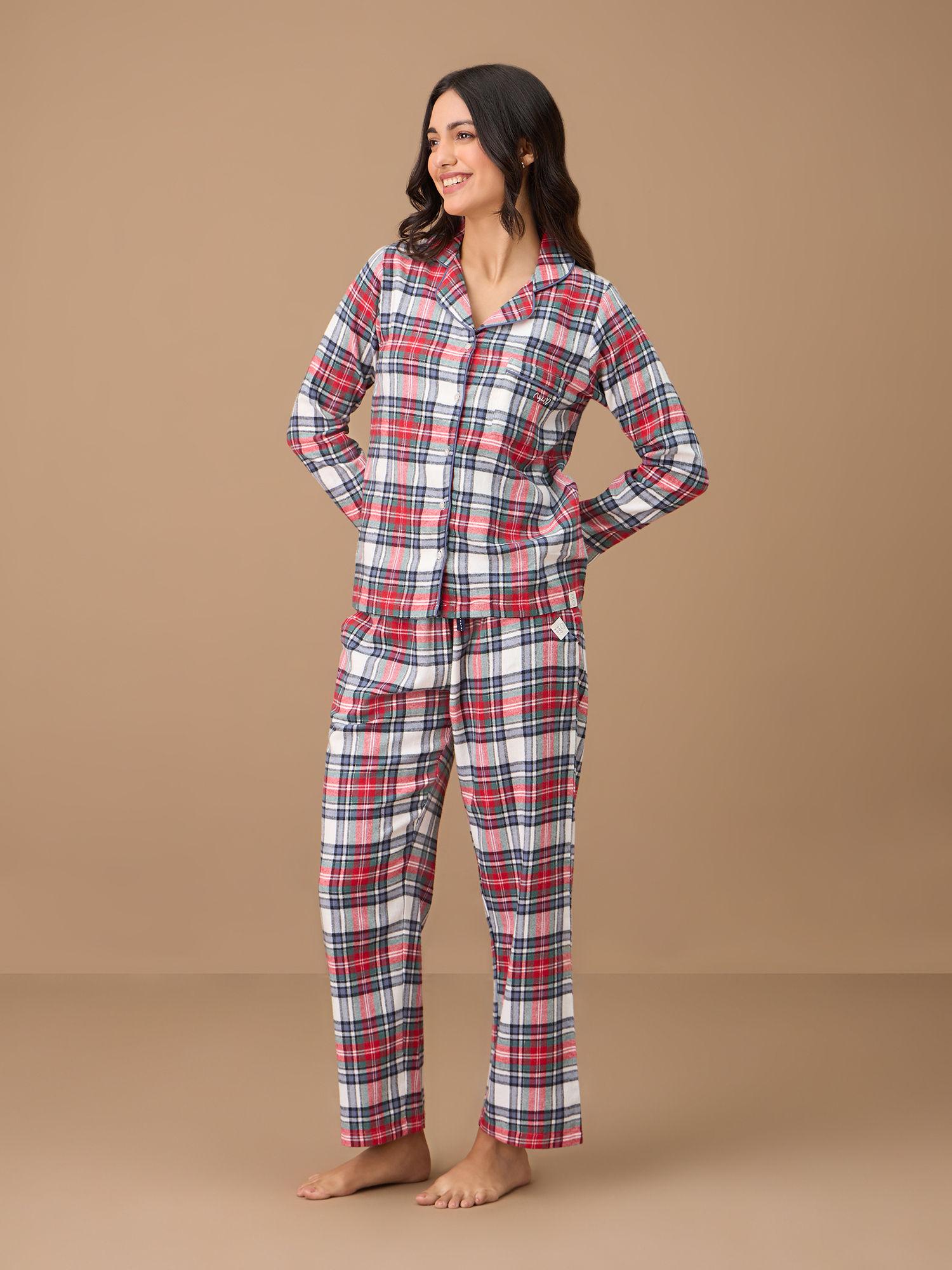 button down cotton flannel pajama set - nys902 - red blue plaid