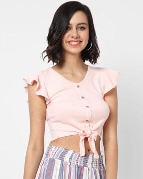 button down crop top with front tie-up