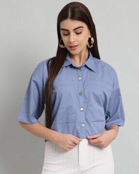 button-down crop top with patch pockets