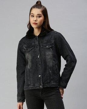 button-down denim jacket with flap pockets