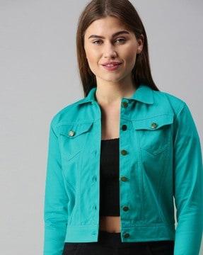 button-down denim jacket with flap pockets