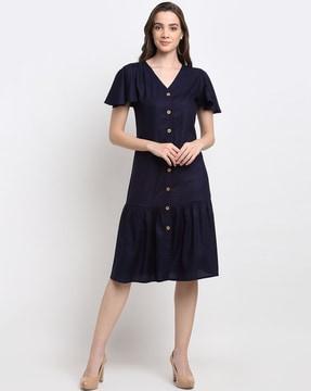 button-down front a-line dress with butterfly sleeves