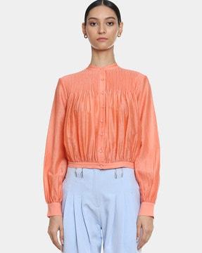 button-down high-neck top with pintucks