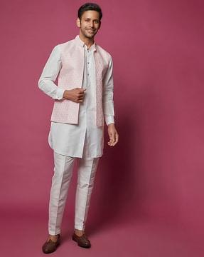 button-down kurta with open-front jacket & pyjama set