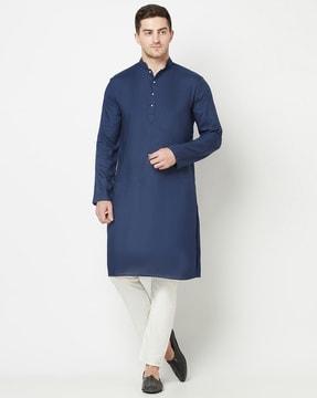 button-down long kurta with mandarin collar