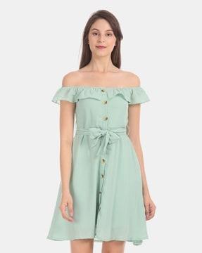 button-down off-shoulder fit & flare dress