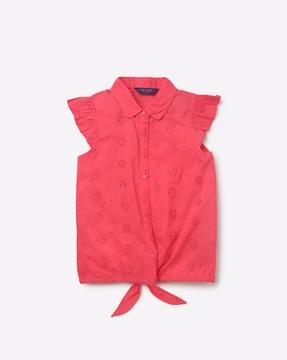 button-down schiffli-embroidered top with shirt collar