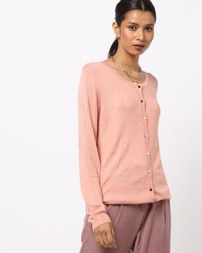 button-down scoop-neck flat knit cardigan