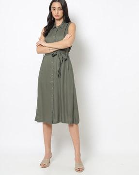 button-down shirt dress with waist tie-up