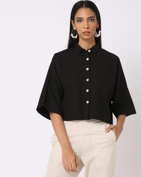 button-down shoulder cropped shirt