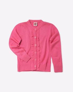 button-down sweater with ruffled trims