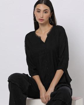 button-down top with notched neckline