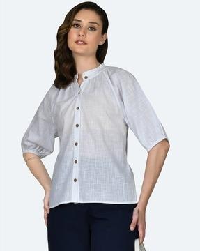 button-down top with pleated neckline