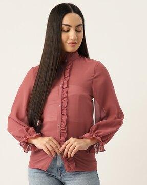 button-down top with ruffle details