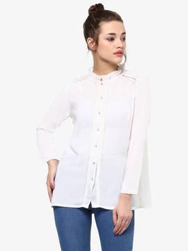 button-down top with ruffled round-neck