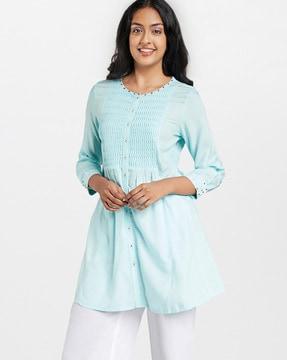 button-down tunic with smocked yoke