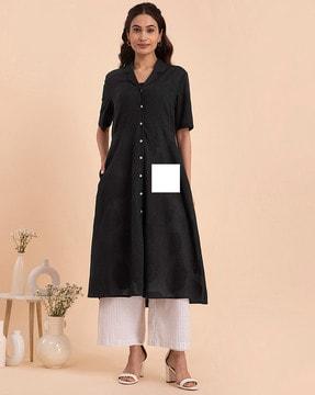 button-down v-neck flared kurta