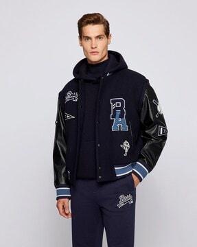 button-down varsity jacket with brand applique