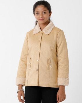 button-front jacket with teddy fur collar