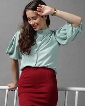 button-front band-collar top