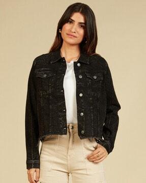 button-front denim jacket with flap pockets