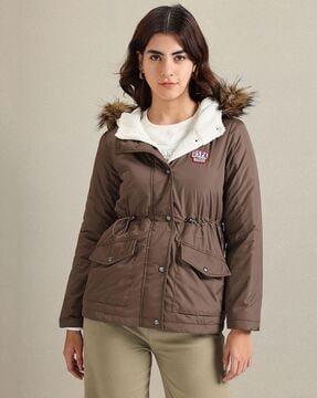 button-front hooded jacket with flap pockets