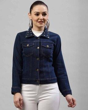 button-front jacket with embellished collar