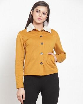 button-front jacket with faux fur-lined collar