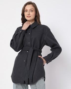 button-front jacket with waist tie-up