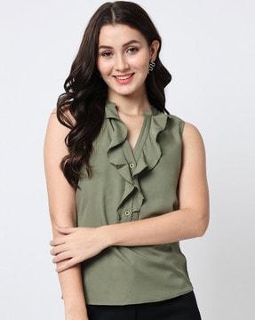button-front ruffle top