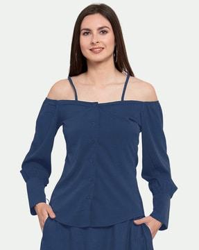 button-front top with cuffed sleeves