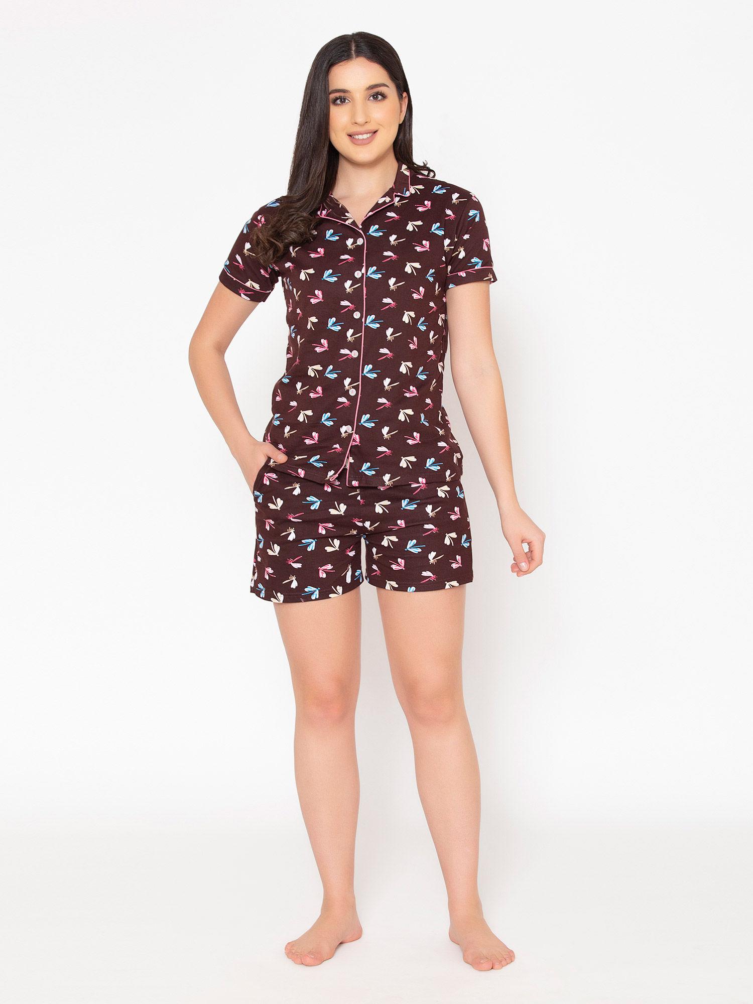 button me up dragonfly print shirt and shorts (set of 2) brown - 100 percent cotton