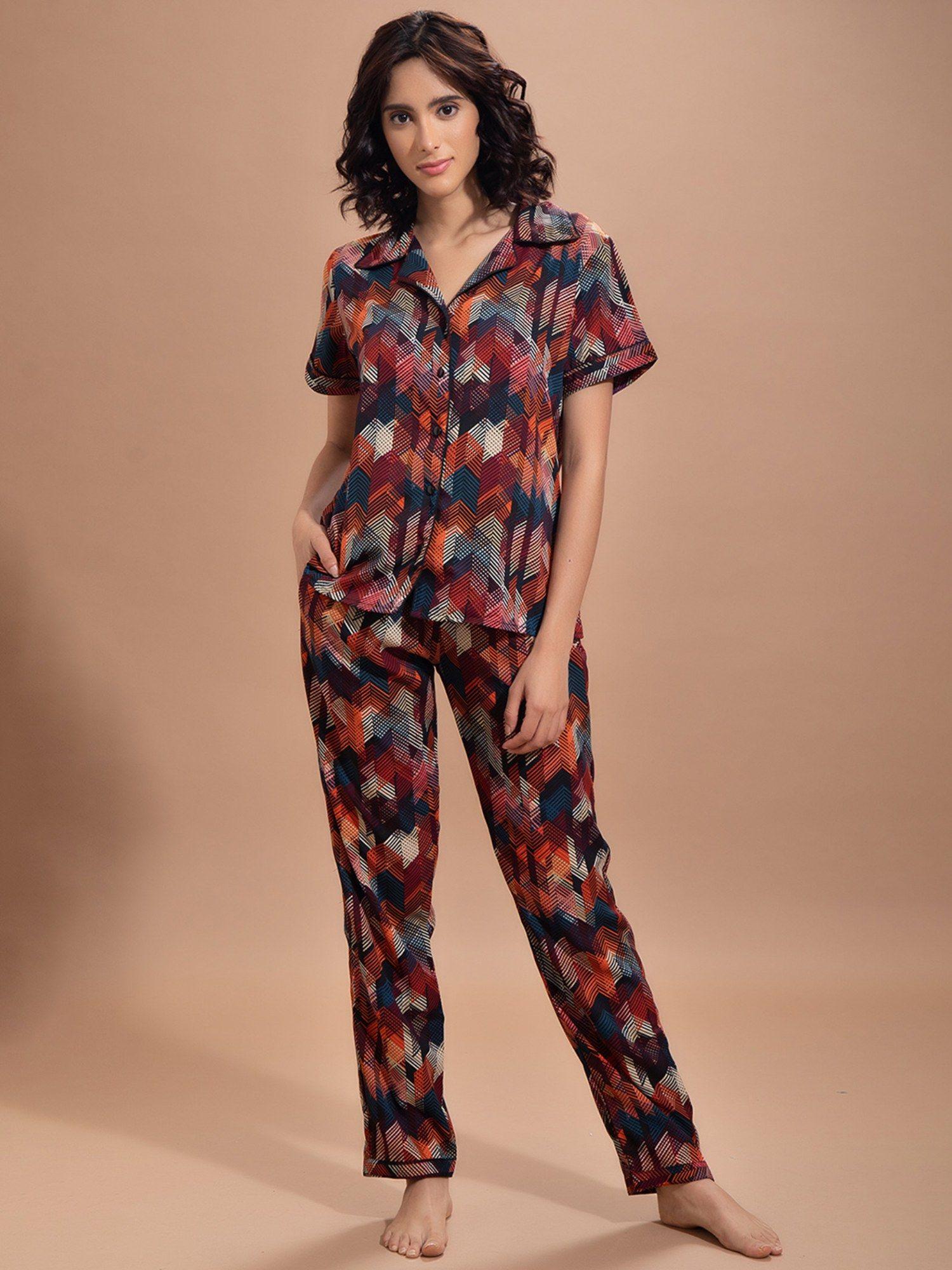 button me up shirt & pyjama set in multicolour- crepe