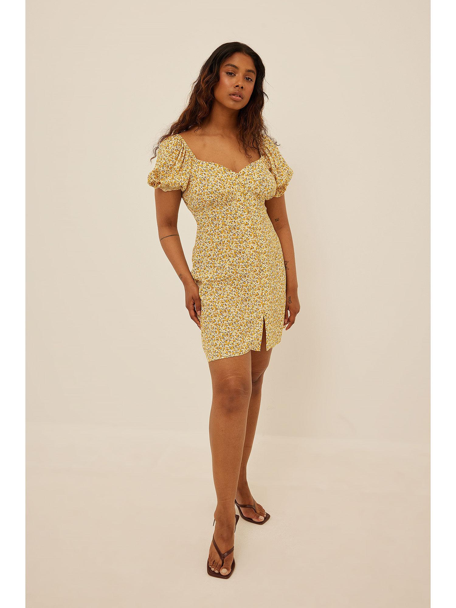 button through prarie mini dress-yellow print