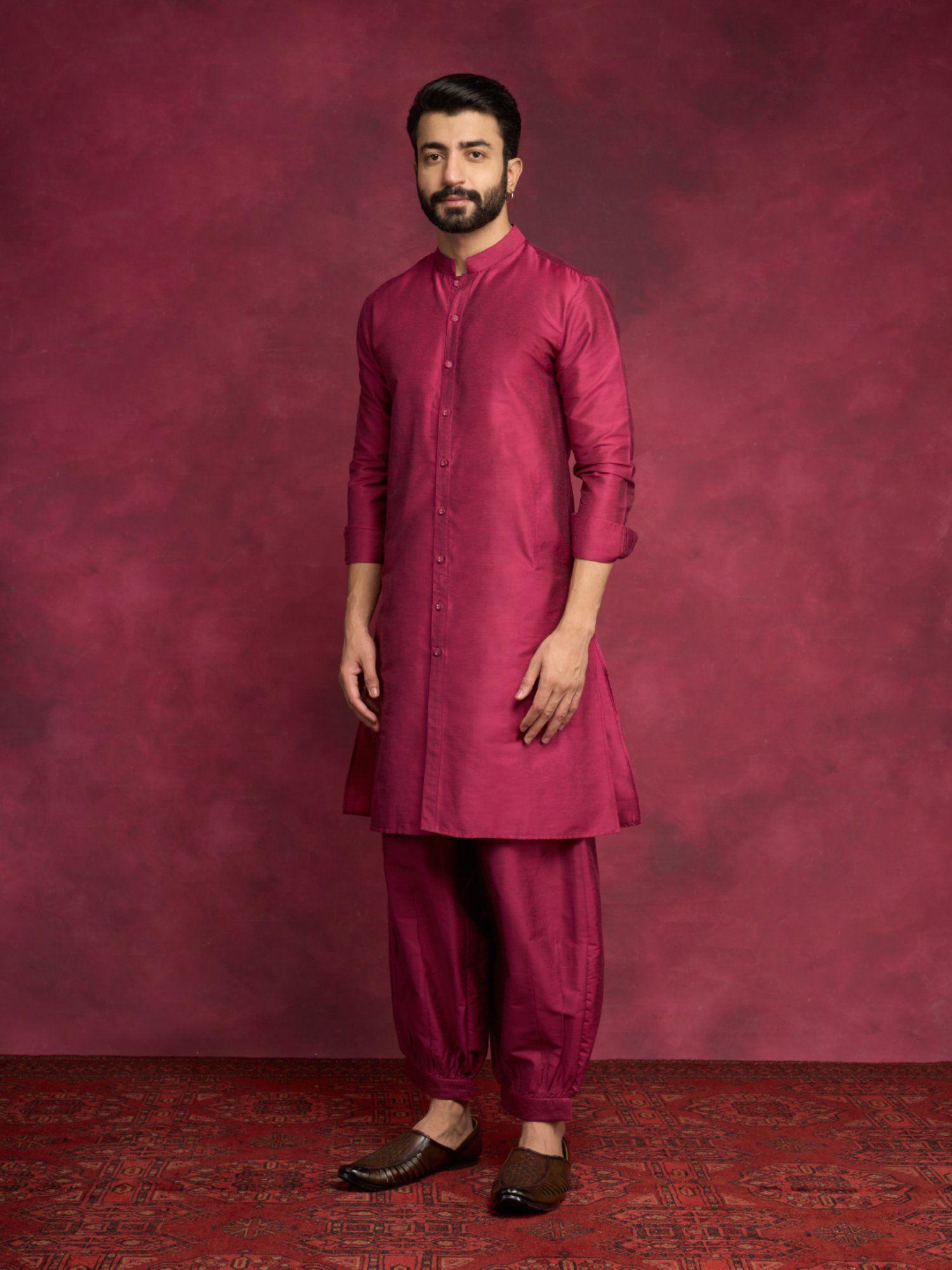 buttoned down kurta paired with pathani pants-cabaret pink (set of 2)