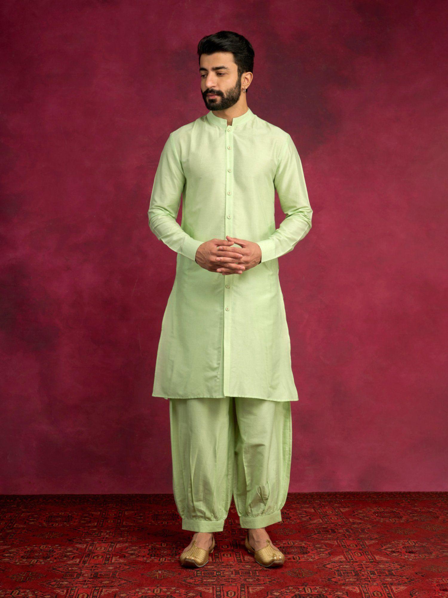 buttoned down kurta paired with pathani pants-pistachio green (set of 2)