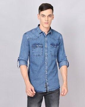 buttoned-flap pockets slim fit shirt