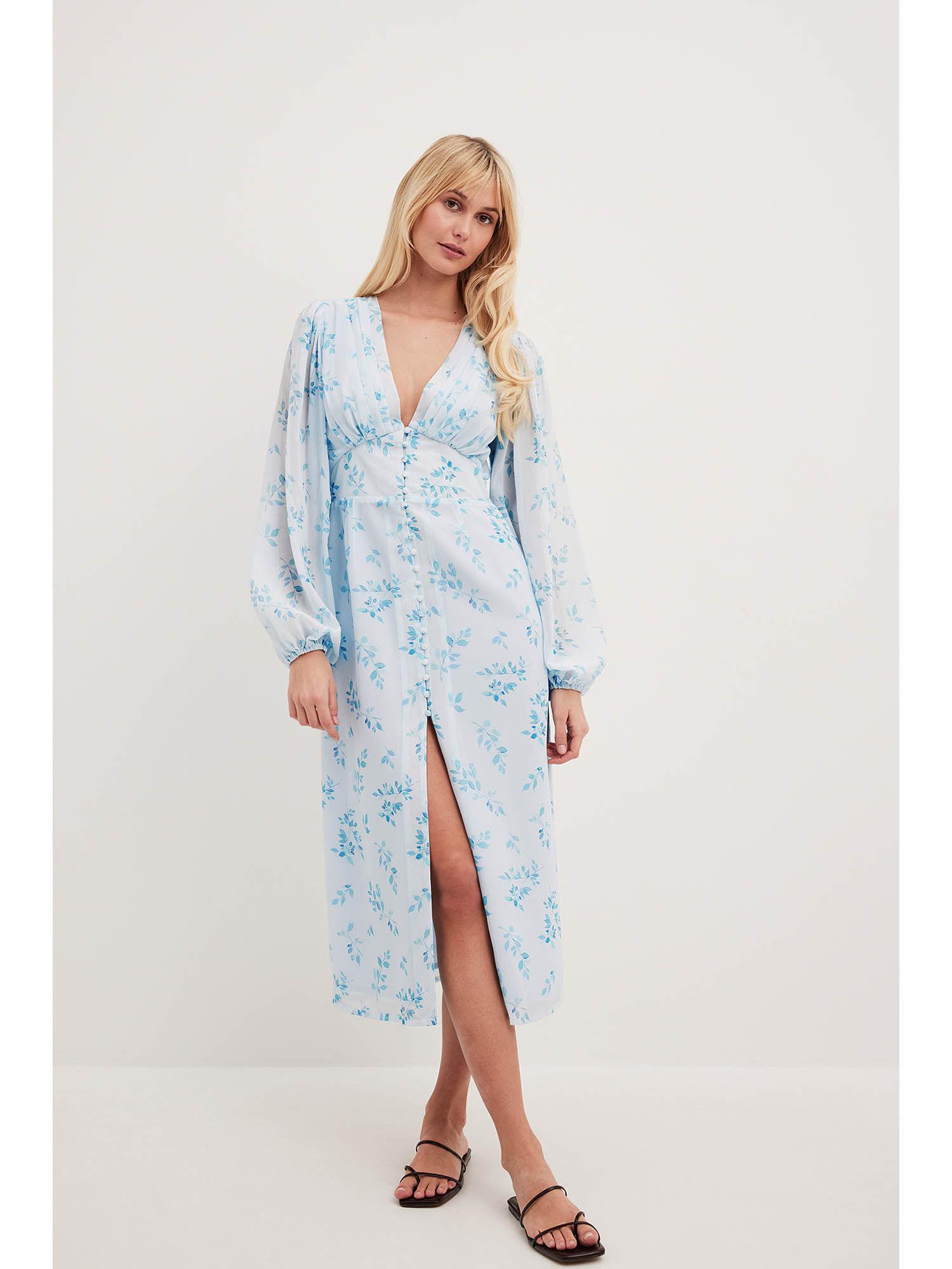 buttons front midi dress - blue leaves