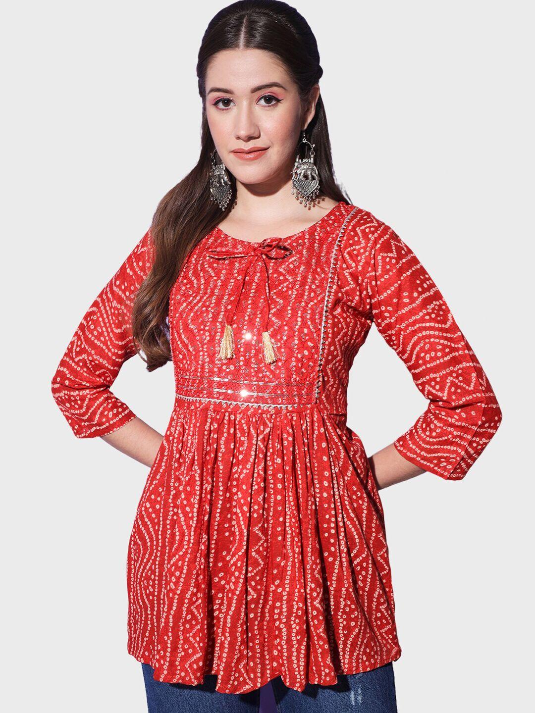 buy new trend bandhani printed sequinned pure cotton a-line kurti