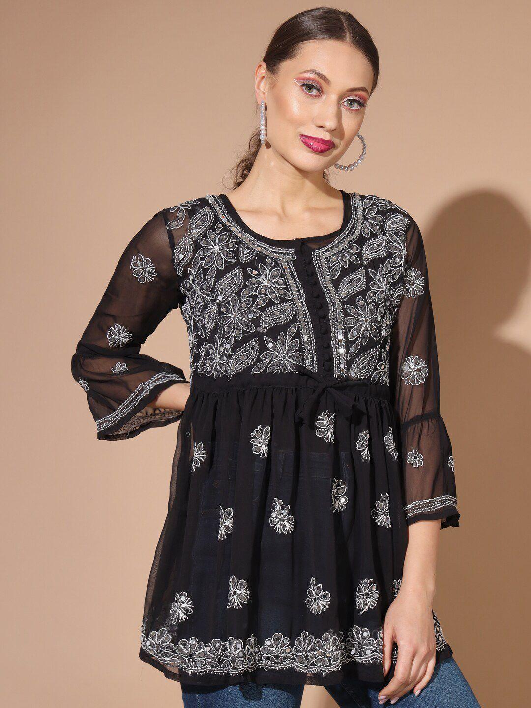 buy new trend chikankari embroidered  flared sleeves pleated kurti