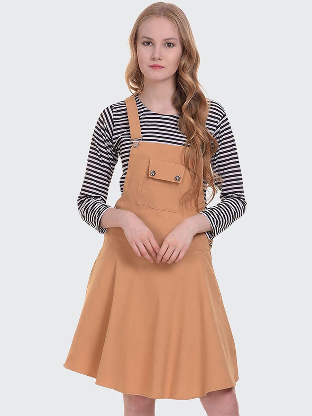buy new trend women beige solid dungaree with t-shirt
