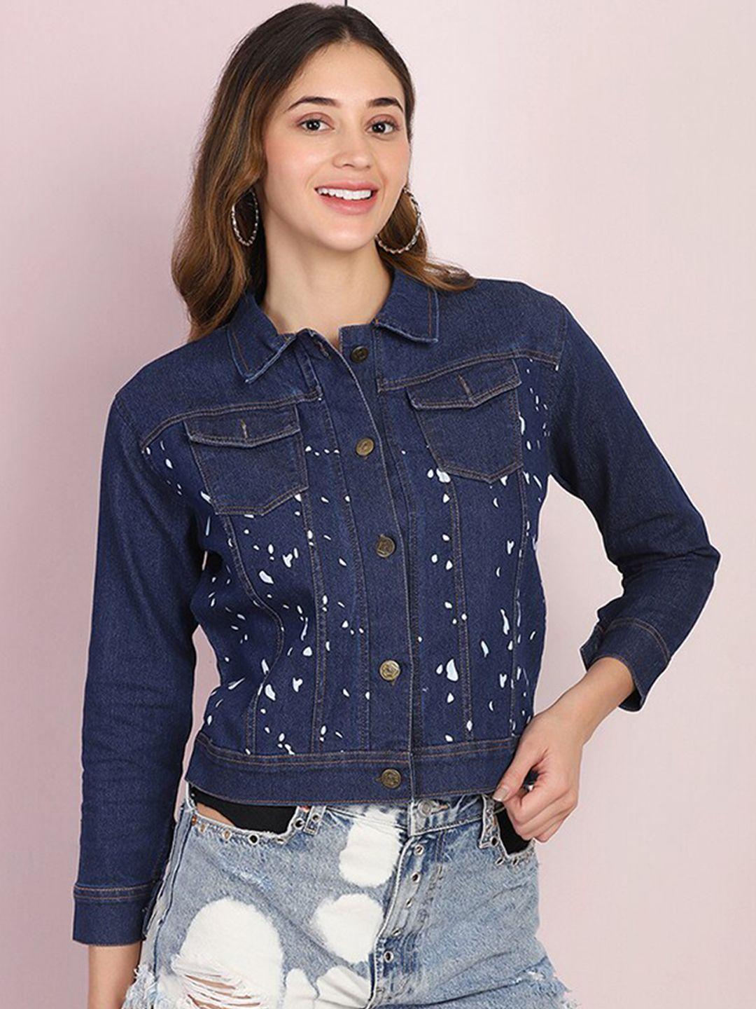 buy new trend women blue typography printed lightweight crop denim jacket