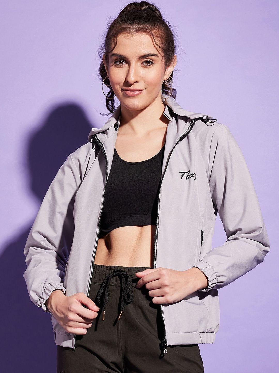 buy new trend women grey colourblocked windcheater crop outdoor sporty jacket with embroidered