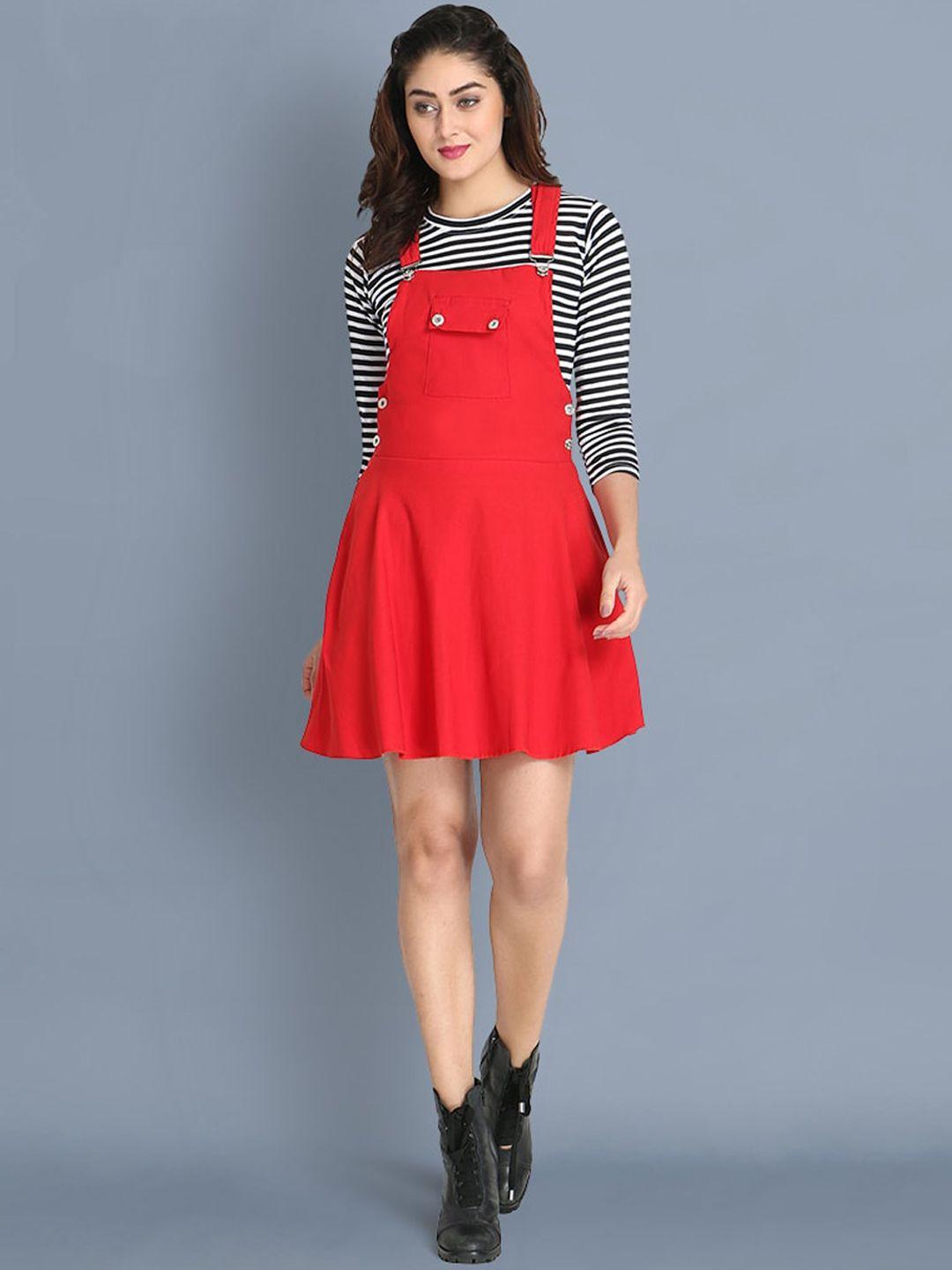 buy new trend women red & white solid cotton dungaree skirt with top