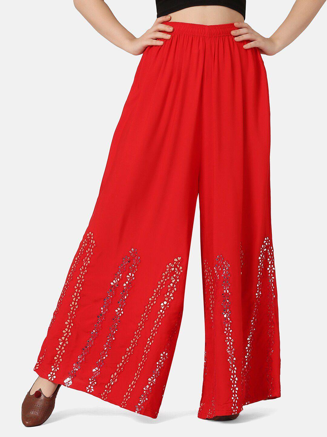 buy new trend women red floral embroidered palazzos