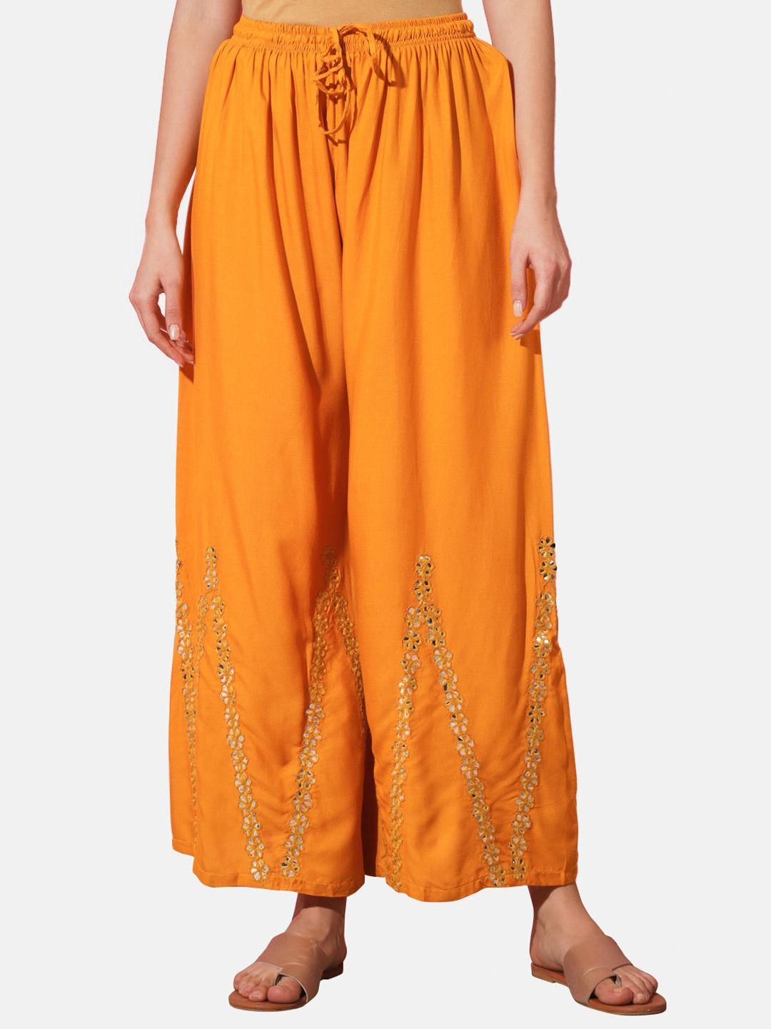 buy new trend yellow ethnic motifs embroidered flared knitted ethnic palazzos