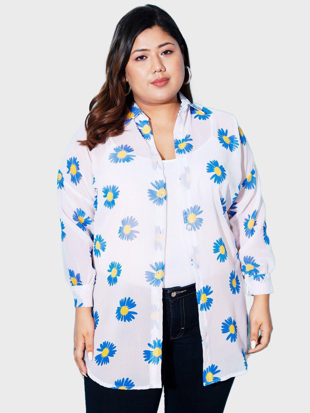 buy new trend curvy plus size spread collar floral printed casual longline shirt